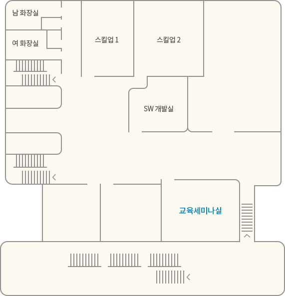 4F 평면도. 남 화장실, 여 화장실, 스킬업 1, 스킬업 2, SW 개발실, 교육세미나실